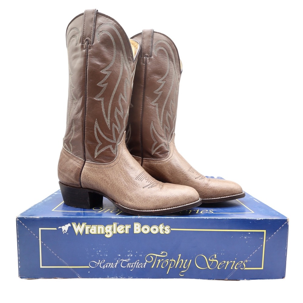 Wrangler Vintage Trophy Series Cowboy Boots Mens 10.5 D Taupe Leather NIB USA
